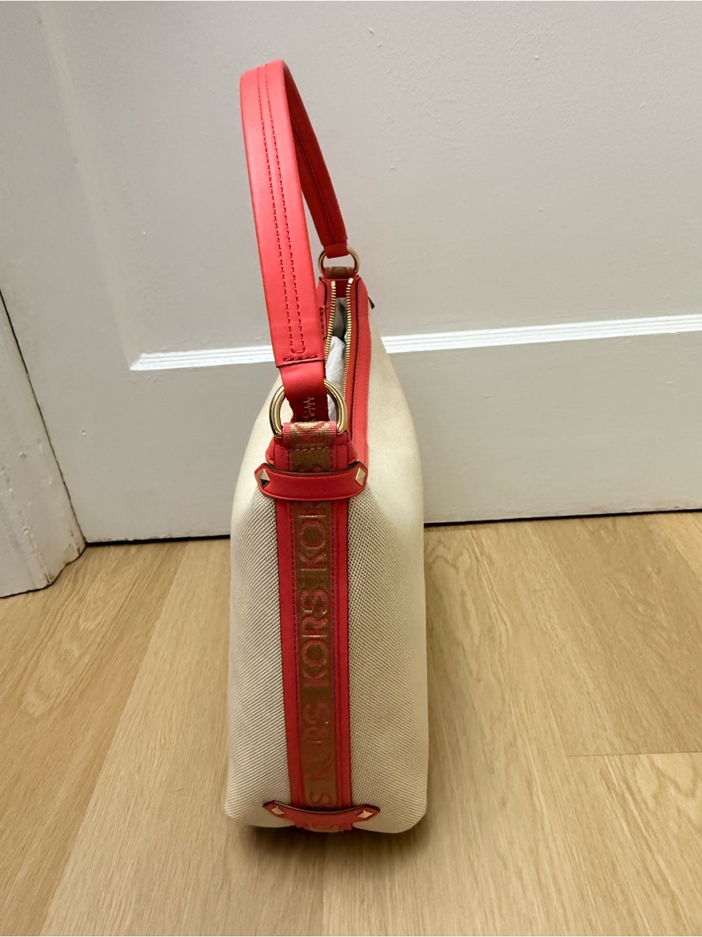 Michael Kors Cream Canvas Shoulder Bag with Coral Trim